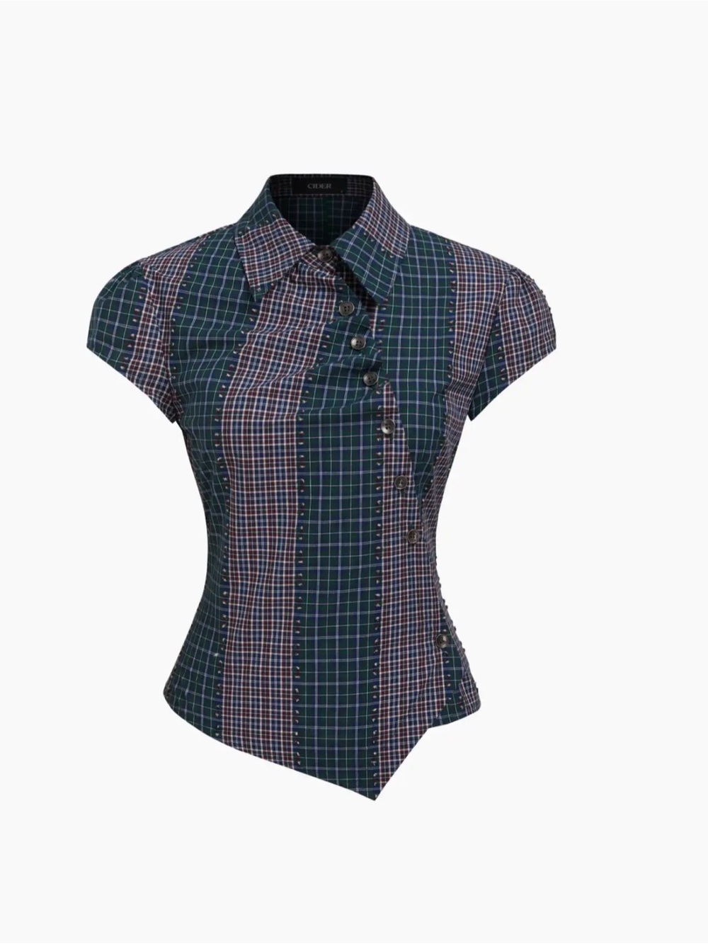 Cider women's Green and Navy Plaid Cap-Sleeve Button-Down Shirt - XL runs small